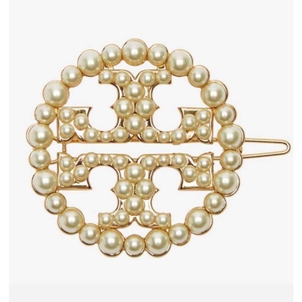 TORY BURCH Double T Logo Pearl Accent Hair Clip